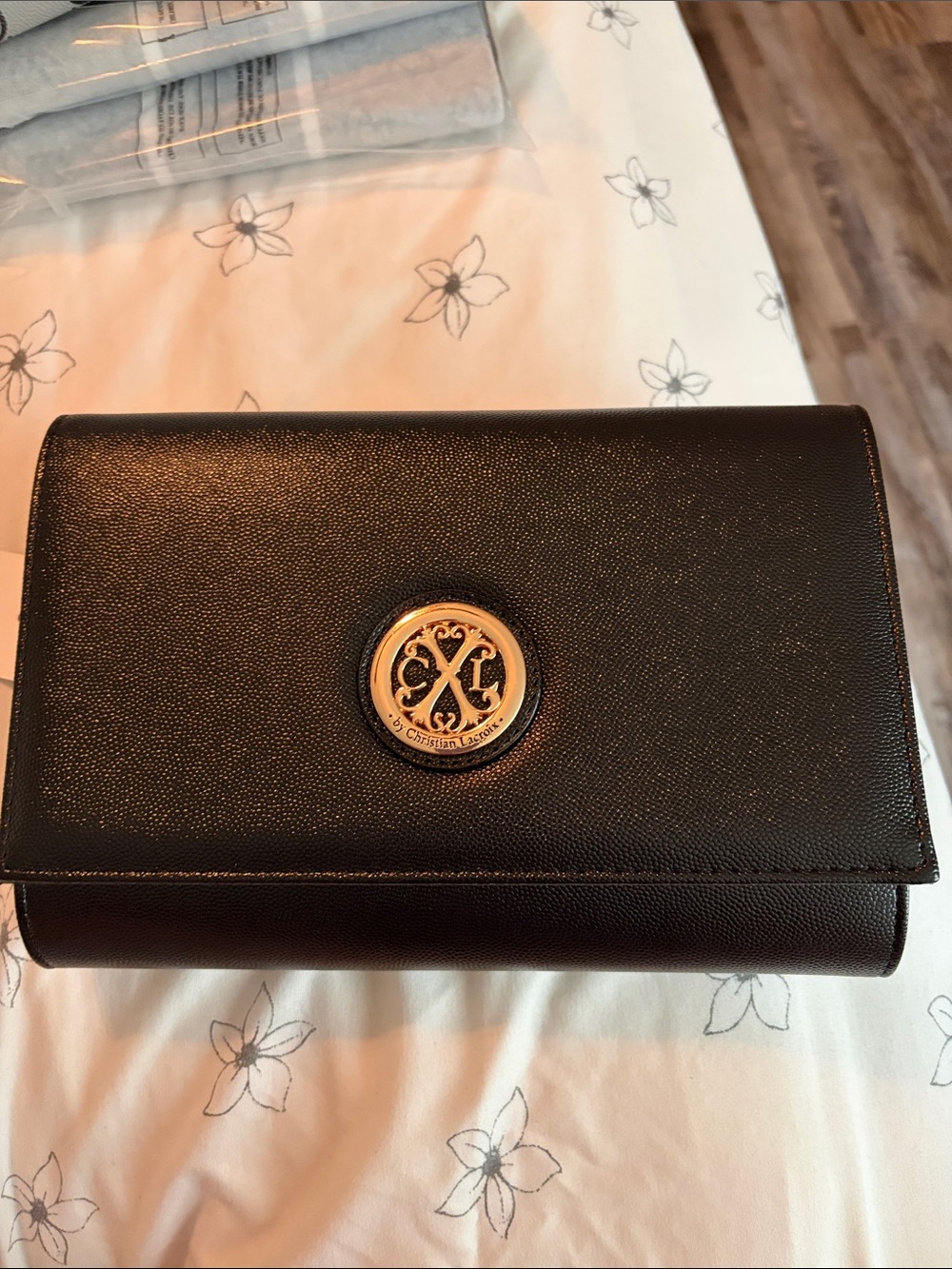 Christian Lacroix Black Leather Clutch with Gold Medallion Logo